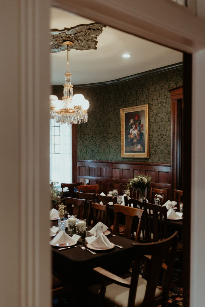 Wedding reception setup in a vintage dining room of a historic Airbnb