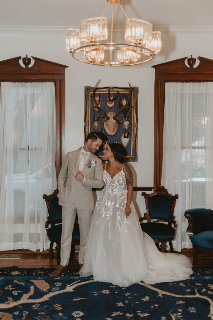 Bride and groom portraits in a historic Texas home