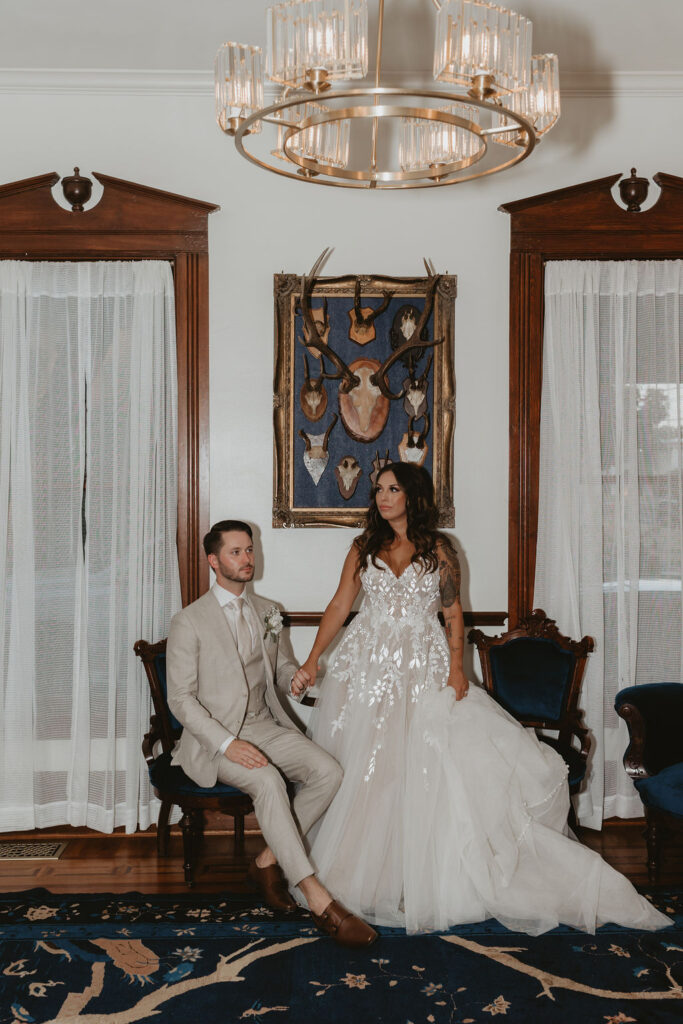 Bride and groom portraits in a historic Texas home