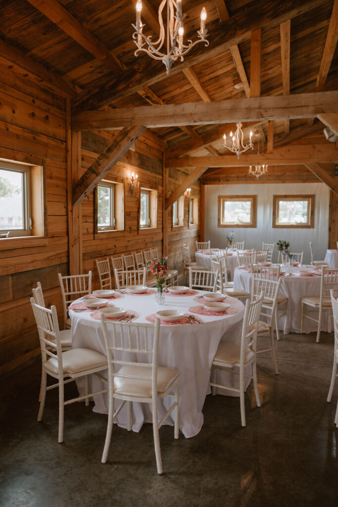 Vintage wedding table settings in the barn