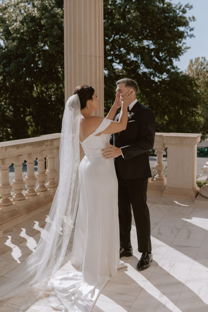 Bride and groom share their private first look at the Oklahoma Hall of Fame