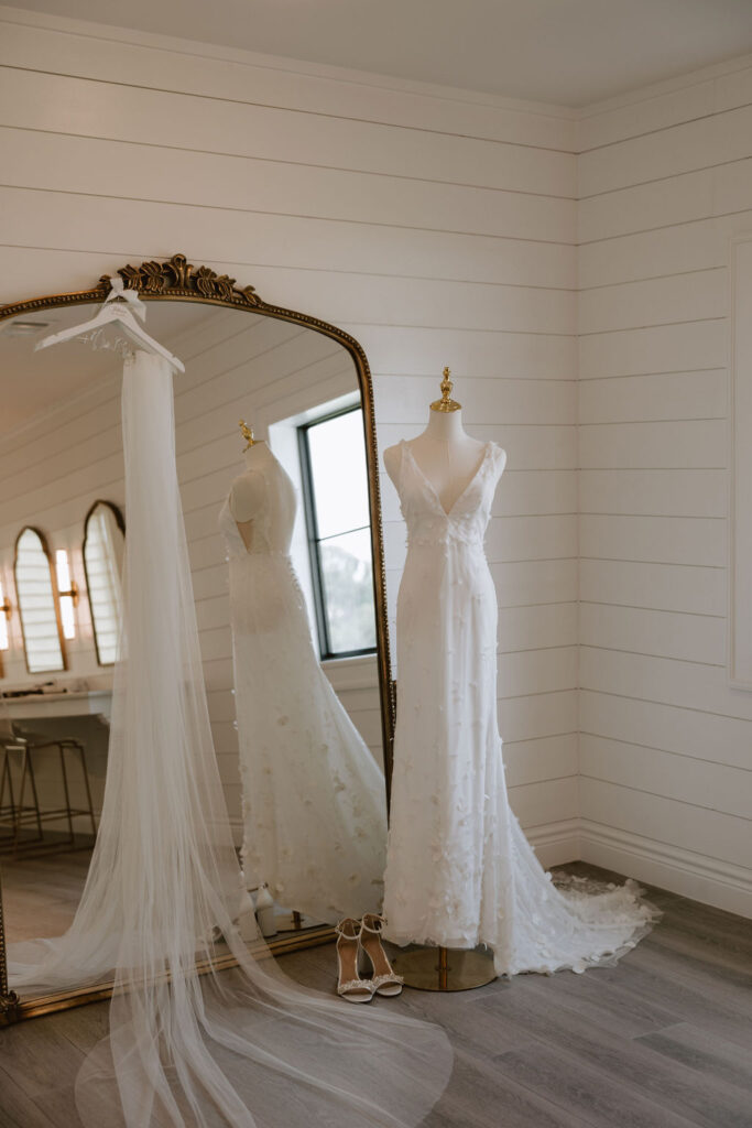 Dress hangs in the bridal suite at Boxwood Manor