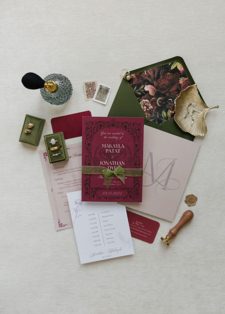 Old-money wedding flat lay