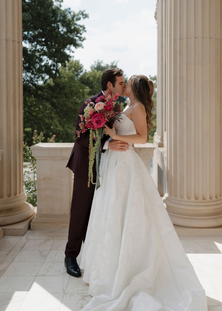 Bride and groom portraits with colorful wedding bouquet in Oklahoma