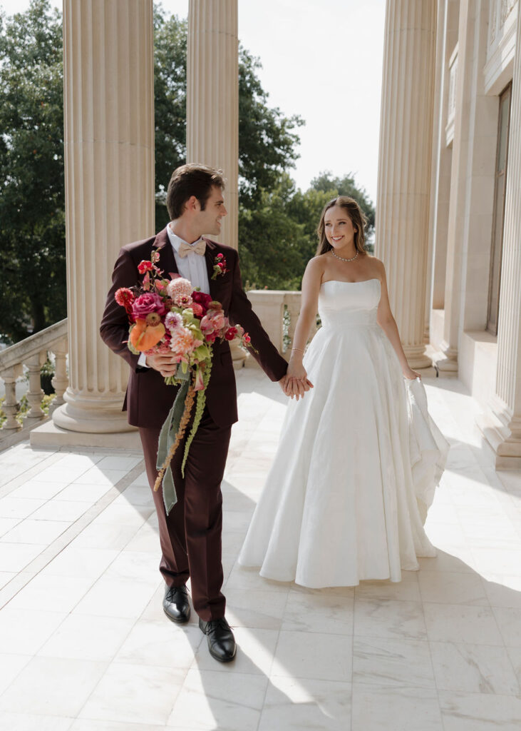 Bride and groom portraits with colorful wedding bouquet in Oklahoma