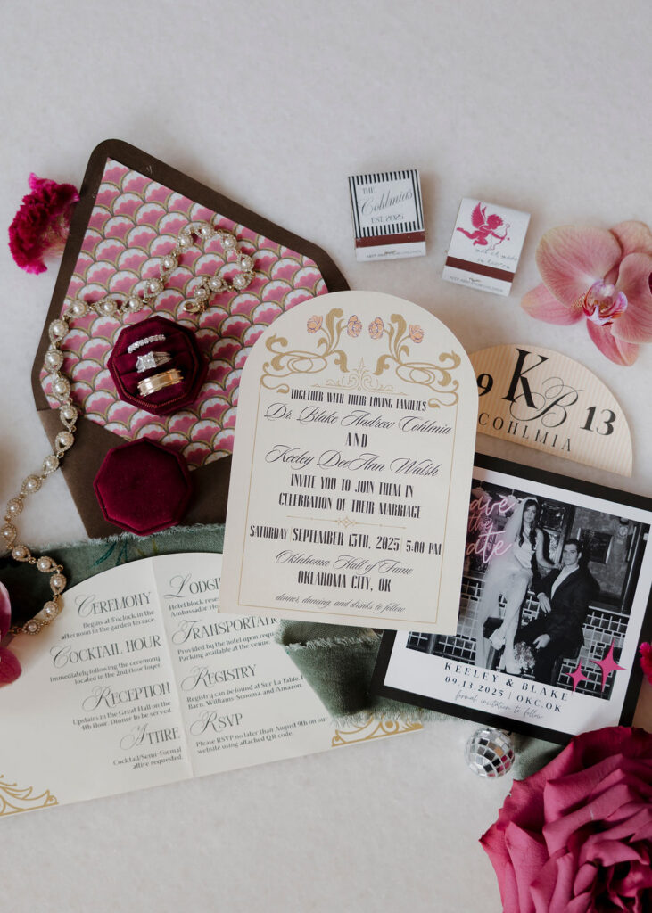 Colorful wedding flat lay at an OKC Wedding Venue