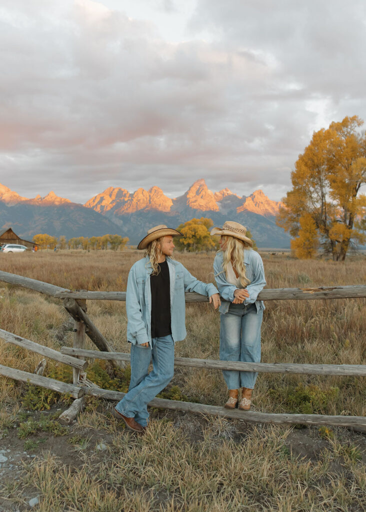 Sunrise engagement photos in Wyoming with the Tetons in the backdrop