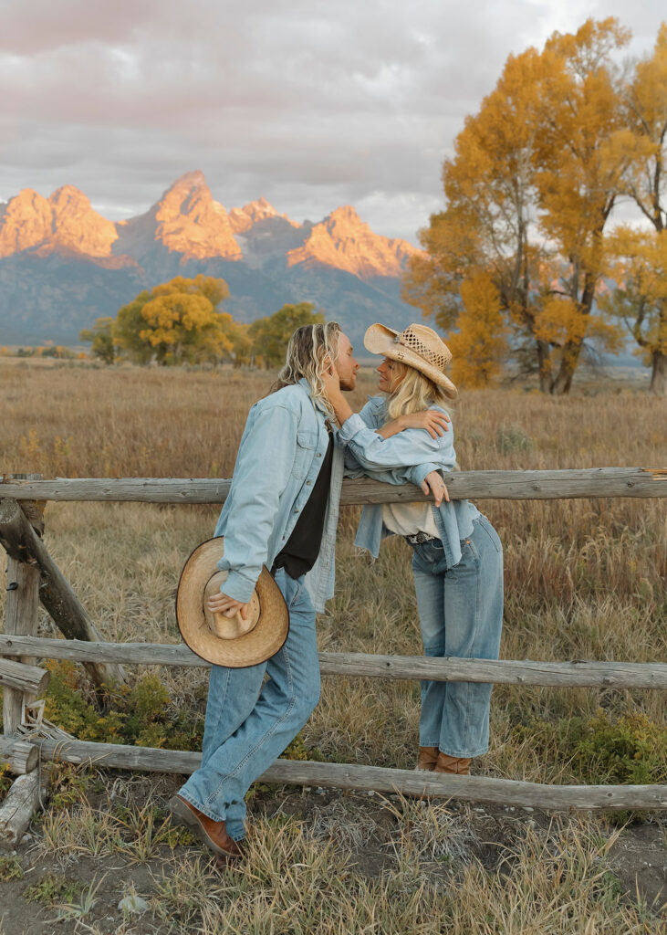 Fall Grand Teton engagement photos in Wyoming at sunrise