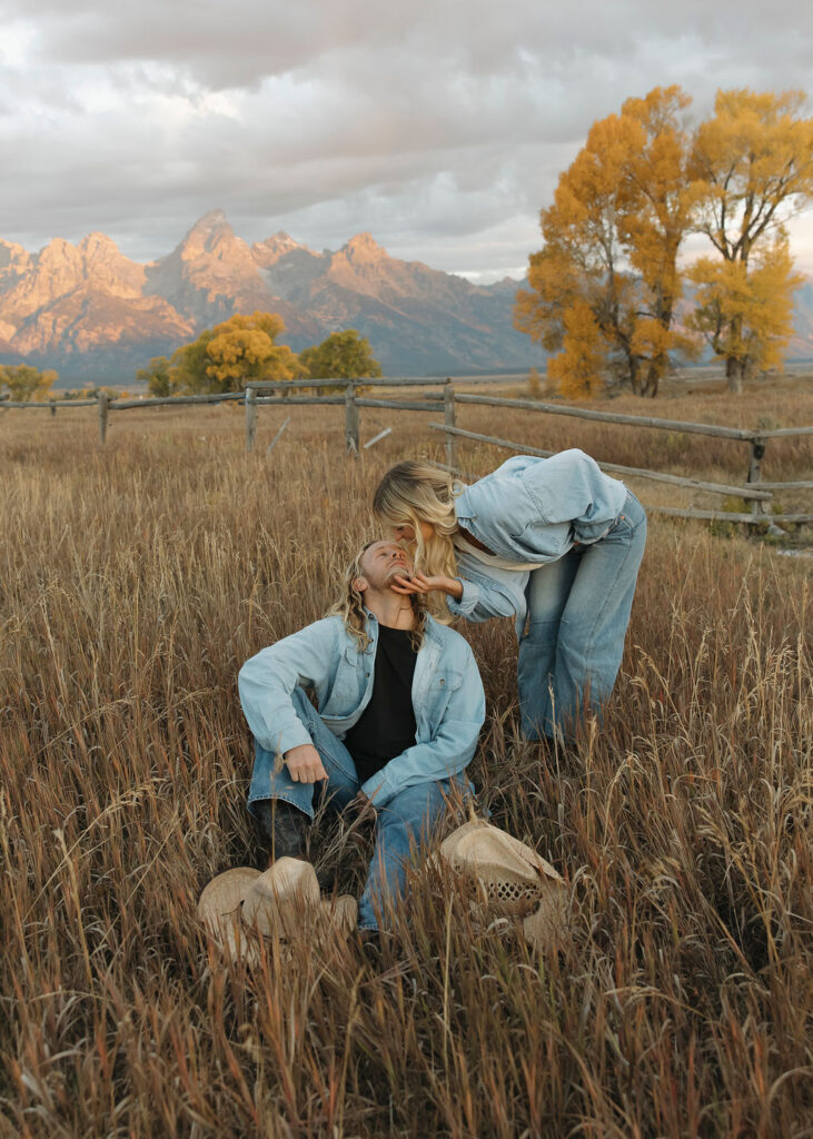 Sunrise engagement photos in Wyoming with the Tetons in the backdrop