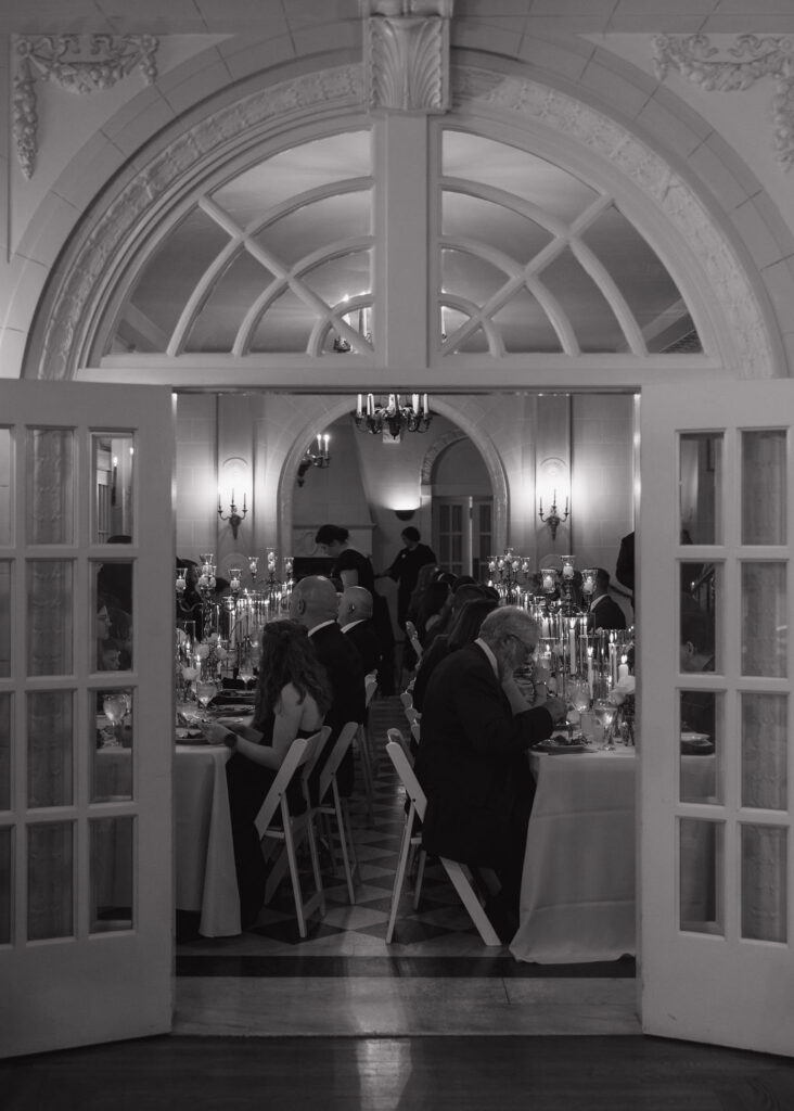 Old-money wedding reception inside The Mansion at Woodward Park