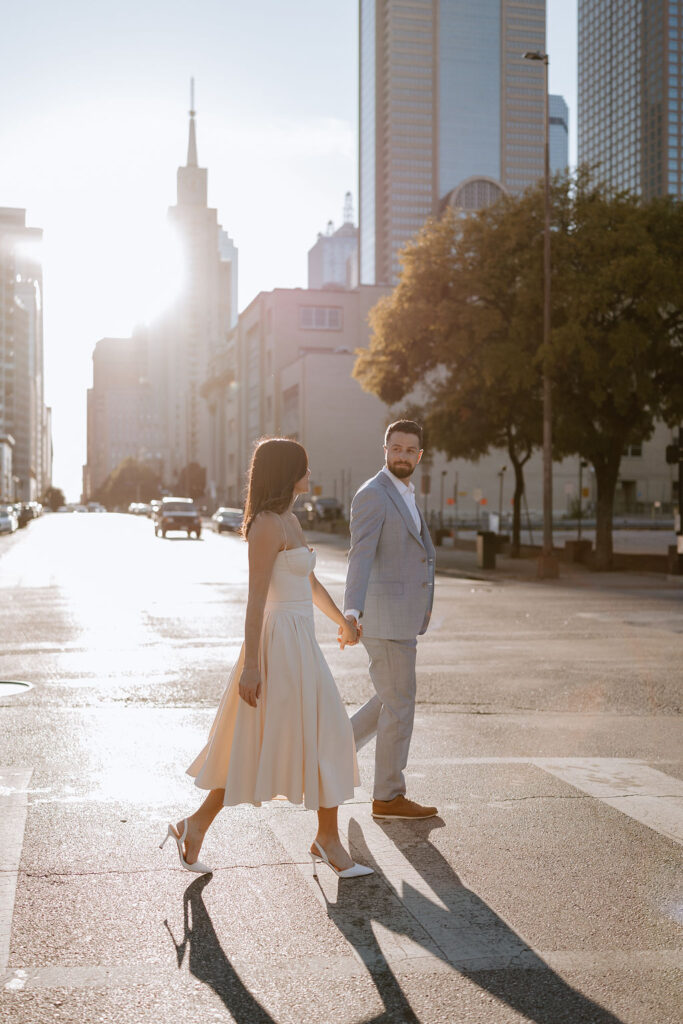 Golden hour engagement photos in downtown Dallas
