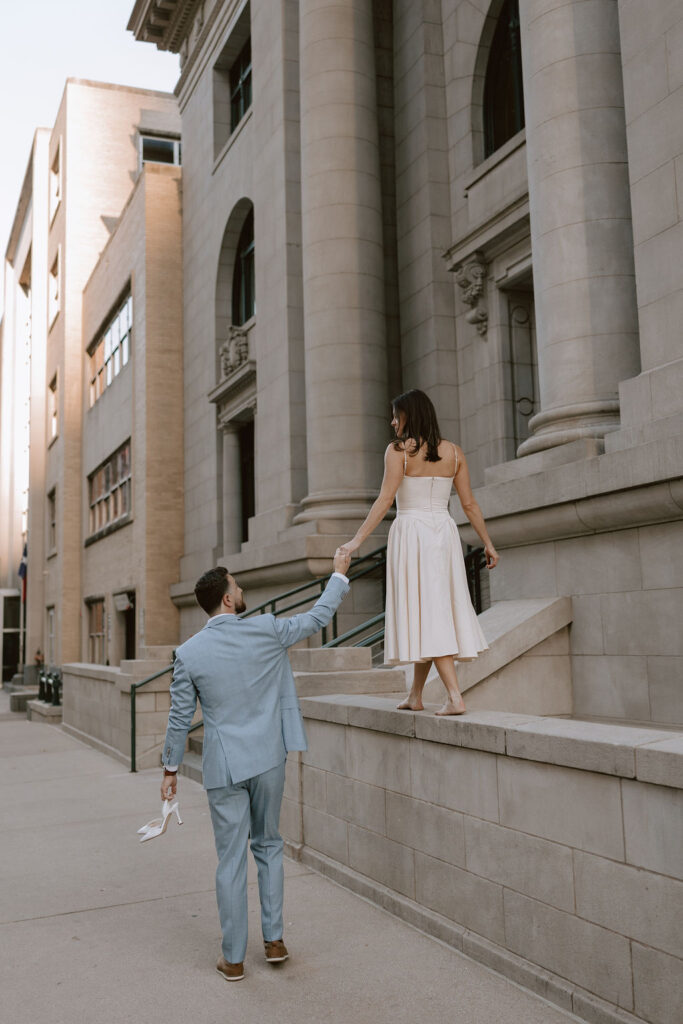 Golden hour engagement photos in downtown Dallas