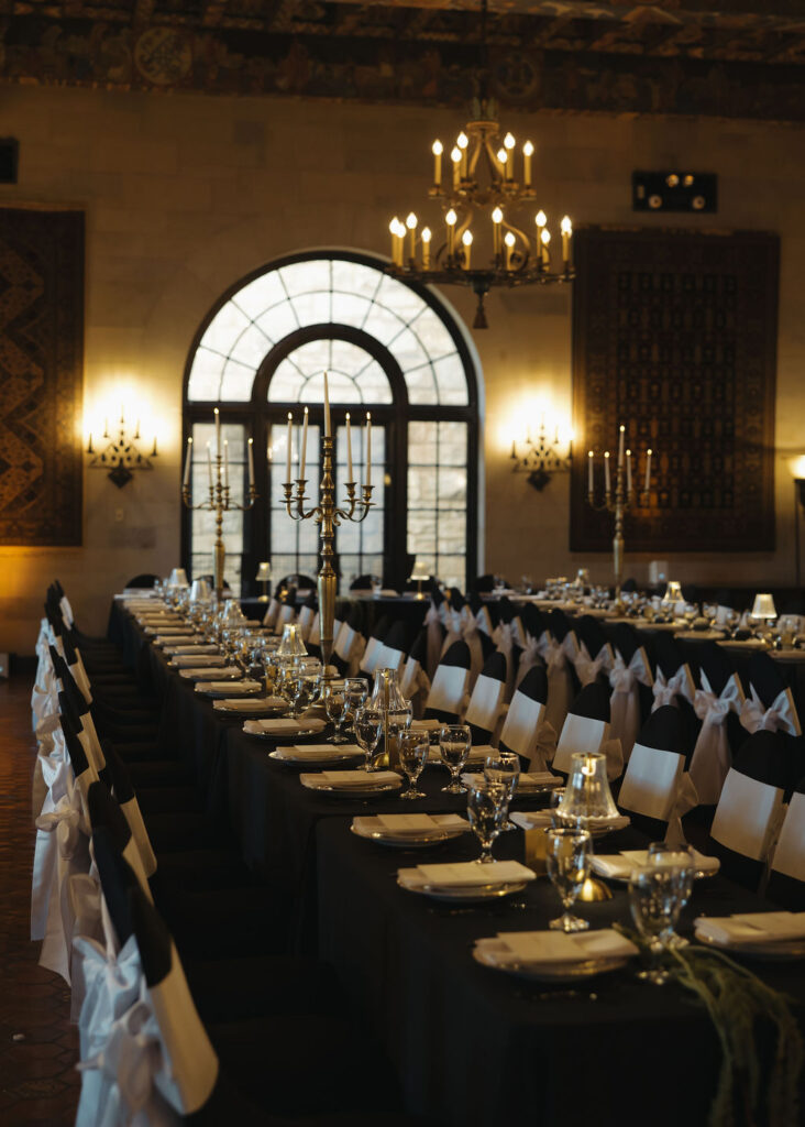 classic black and white wedding reception details in Marland Mansion