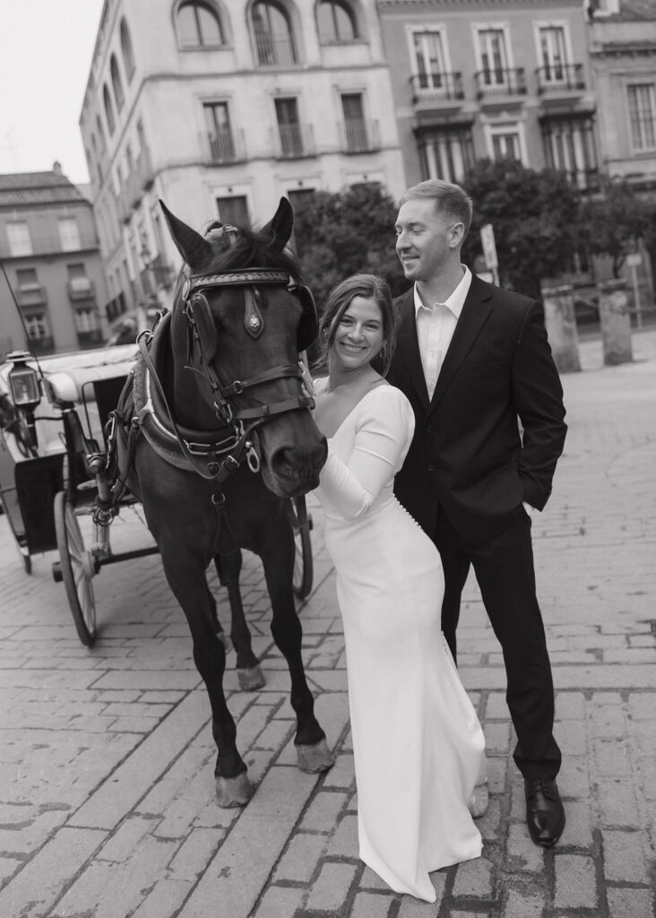 Bride and groom photos with horses in Spain