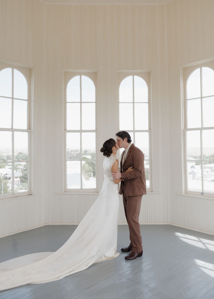 Texas micro wedding first look in Marfa Courthouse tower