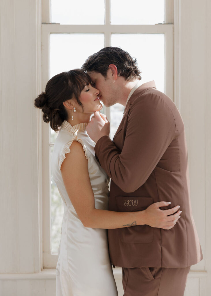Texas micro wedding first look in Marfa Courthouse tower