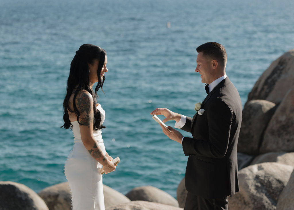 Bride and groom read private vows at Sand Harbor State Park