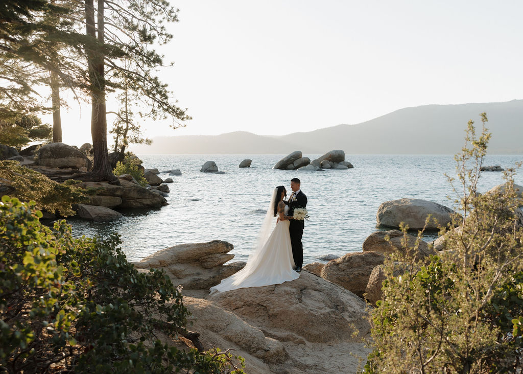 Lake Tahoe bride and groom portraits at sunset in Nevada